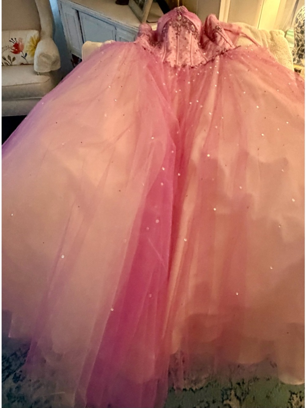 Mori Lee Strapless Pink Tulle Ball Gown with Beaded Bodice - Picture 7 of 9